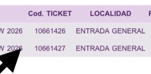Ejemplo de la columna Cod. TICKET en una confirmación de TicketShow